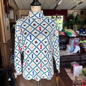 Women’s Vintage PBJ sport white long-sleeve turtleneck equestrian-themed print.